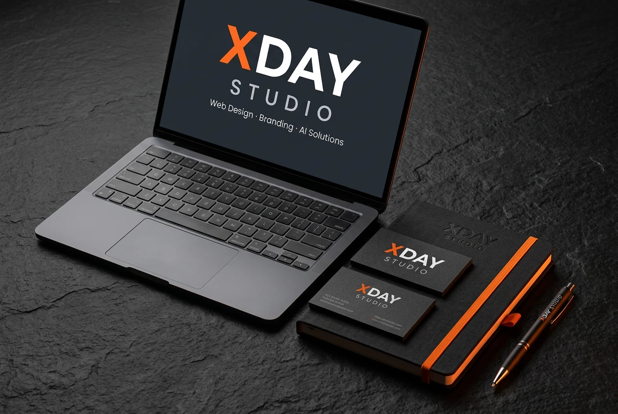 Papetărie XDAY Studio: laptop, cărți de vizită și caiet pe piatră neagră